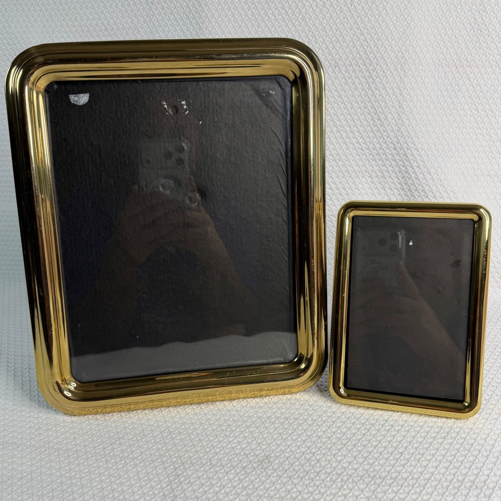 Fetco Gold Tone Metal Picture Frames Set of 2 Rounded Edge Velvet Backing READ
